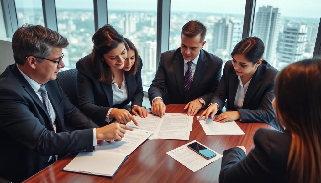 Equipe de advogados da Vieira Braga analisando contrato de financiamento imobiliário com o banco Equipe de advogados da Vieira Braga analisando contrato de financiamento imobiliário com o banco