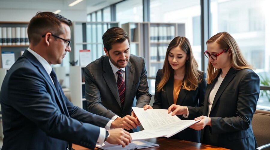 Equipe de advogados da Vieira Braga analisando documentos sobre taxa não prevista em contrato construtora