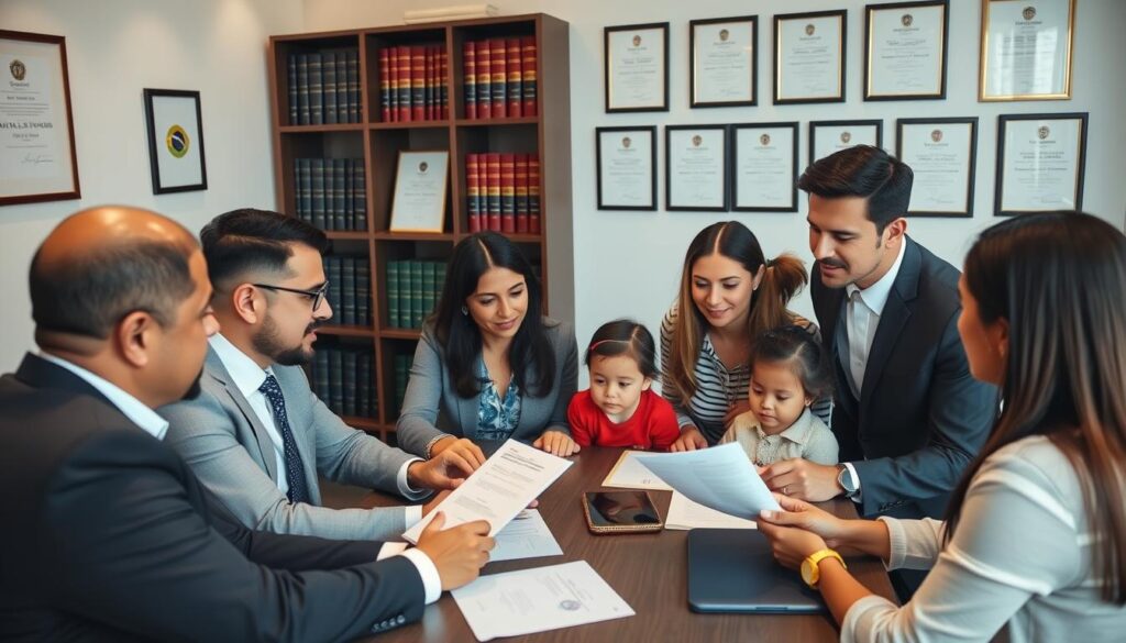 Equipe de advogados da Vieira Braga atendendo cliente em processo de reunião familiar Equipe de advogados da Vieira Braga atendendo cliente em processo de reunião familiar
