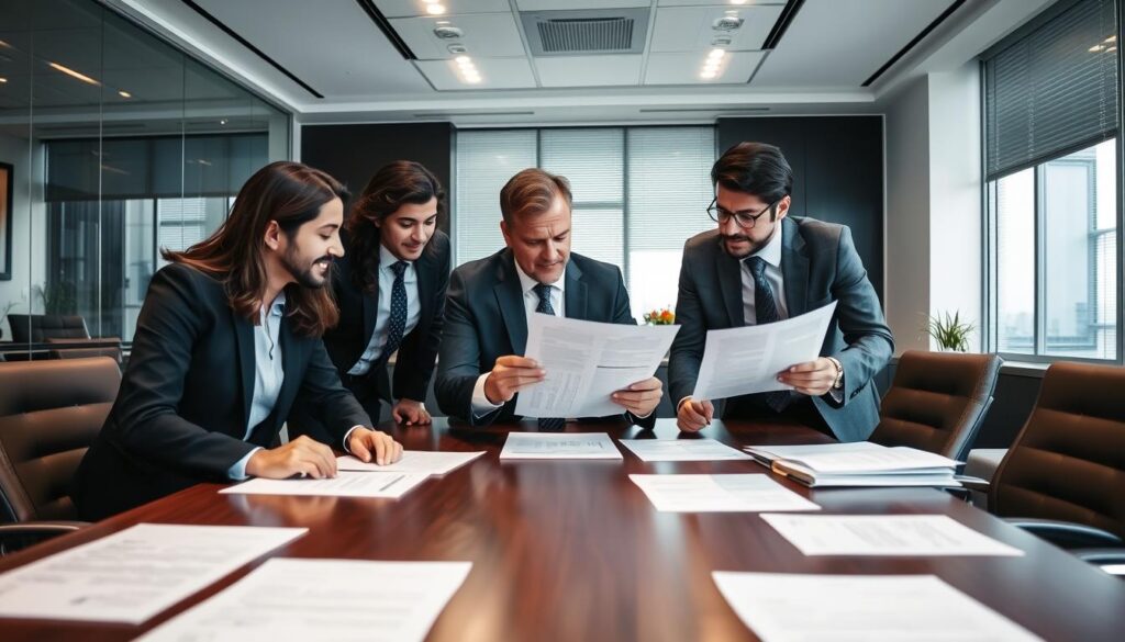 Equipe de advogados da Vieira Braga realizando revisão de contrato em reunião colaborativa Equipe de advogados da Vieira Braga realizando revisão de contrato em reunião colaborativa