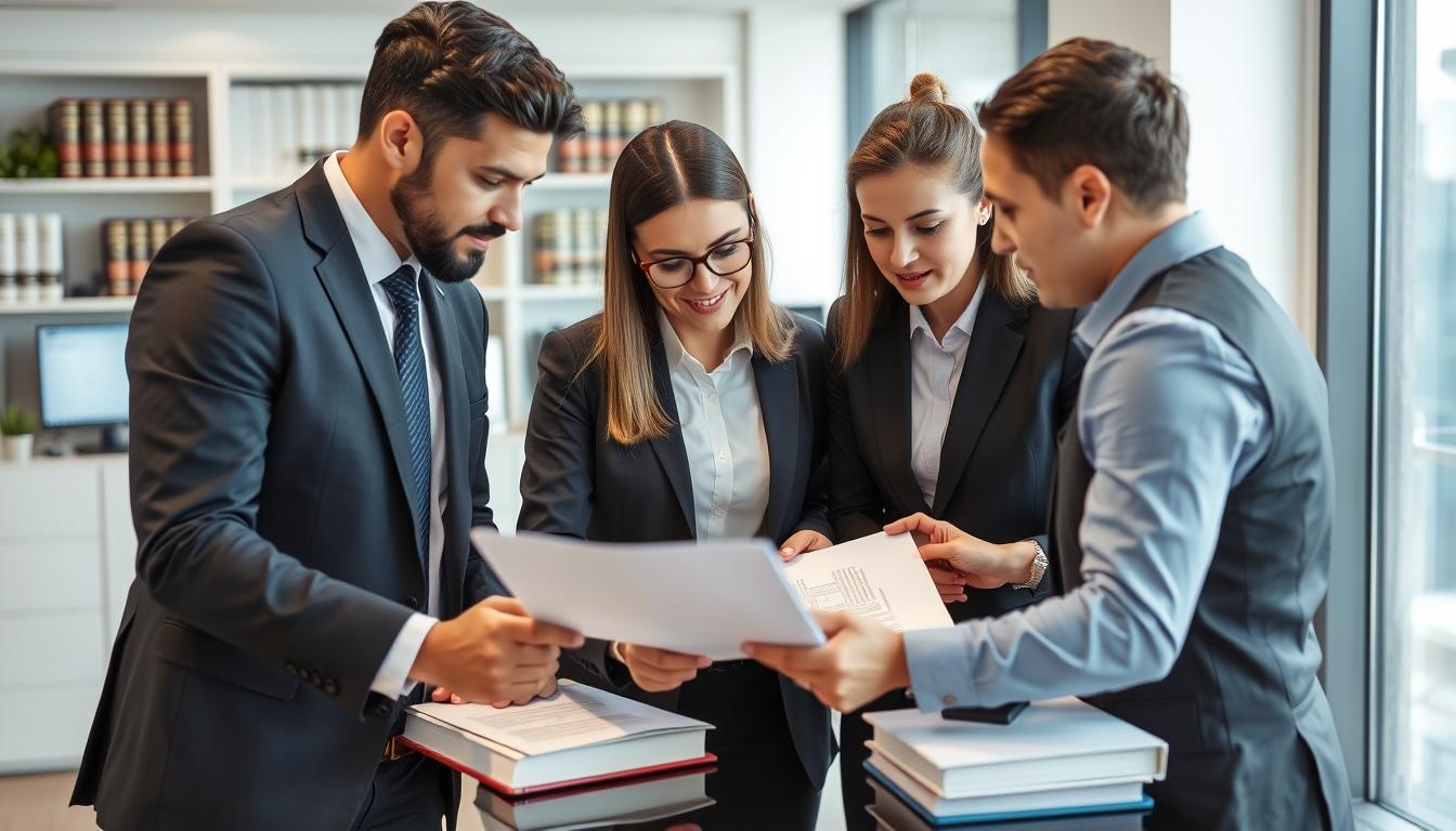 Equipe de advogados do Vieira Braga Advogados analisando contrato de aluguel para imóvel comercial