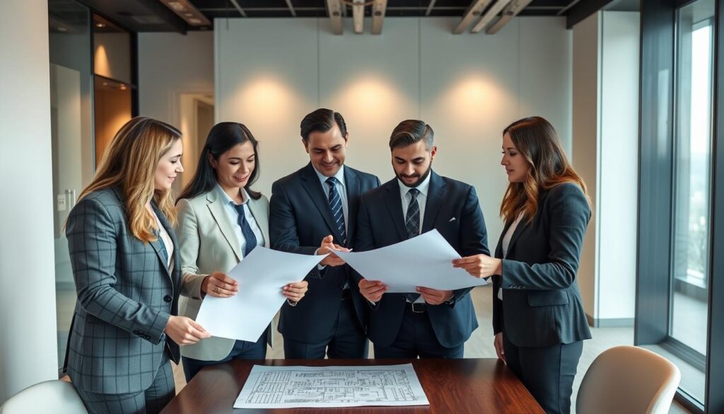 Equipe de advogados do Vieira Braga analisando contrato de compra de imóvel na planta Equipe de advogados do Vieira Braga analisando contrato de compra de imóvel na planta