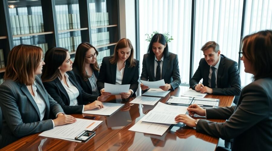 Equipe de advogados do Vieira Braga analisando documentos imobiliários