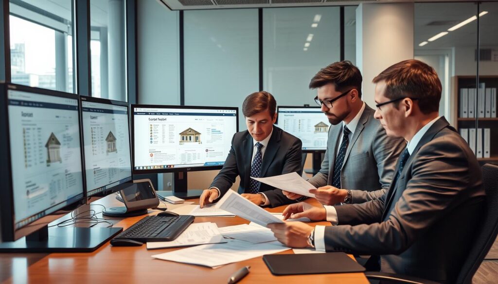 Equipe de advogados do Vieira Braga analisando documentos imobiliários e verificando propriedade no cartório