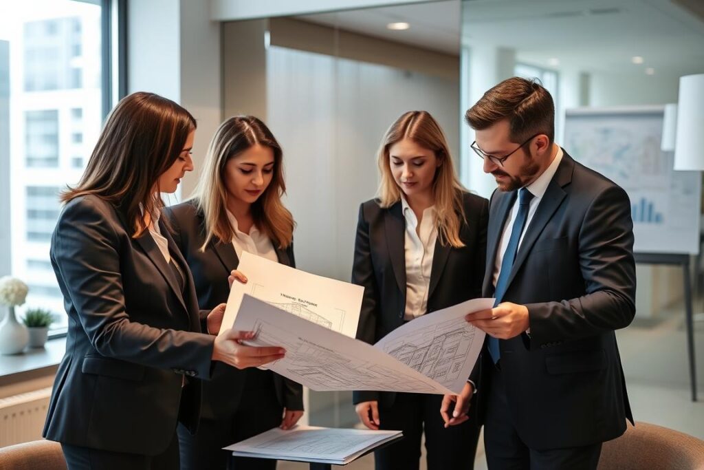 Equipe de advogados do Vieira Braga analisando documentos para averbação de construção no registro de imóveis