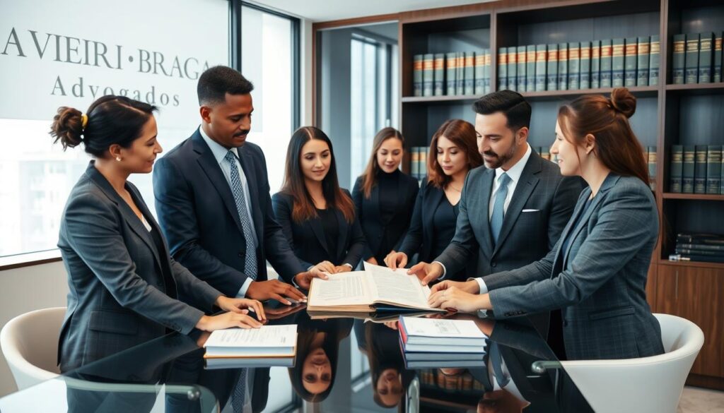 Equipe de advogados do Vieira Braga analisando processo de atualização de matrícula de imóvel após inventário