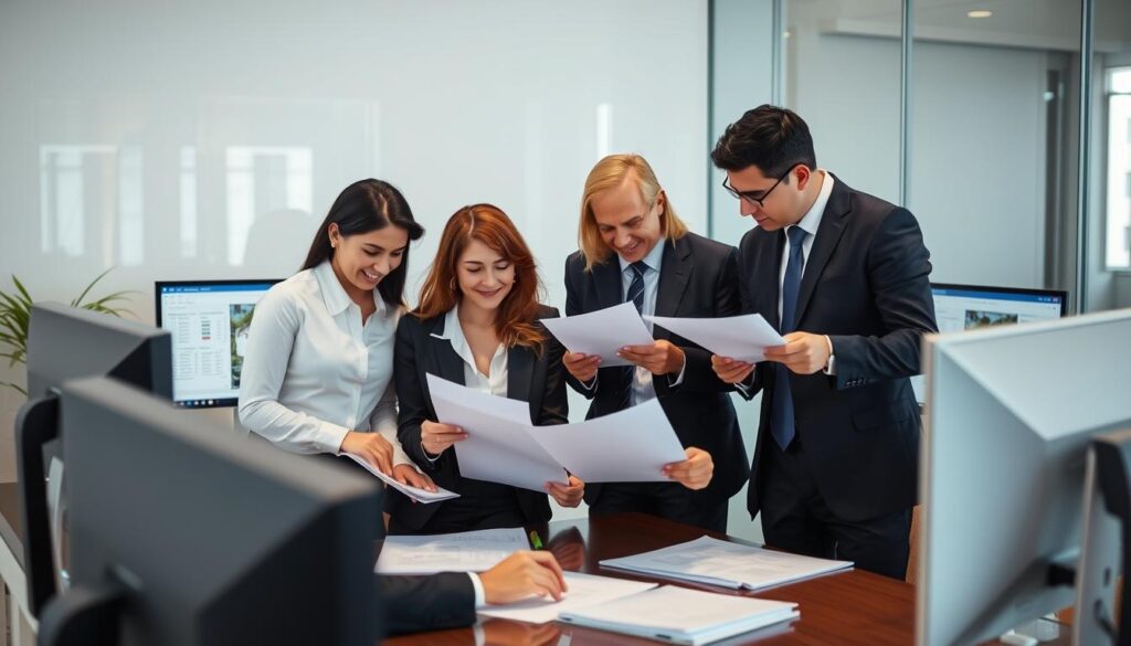 Equipe de advogados verificando pendências judiciais de imóvel Equipe de advogados verificando pendências judiciais de imóvel