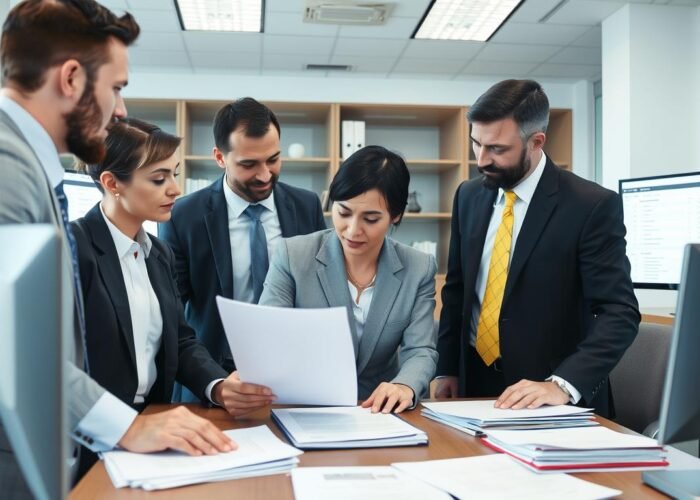 Equipe do Vieira Braga Advogados analisando documentos de leilão judicial