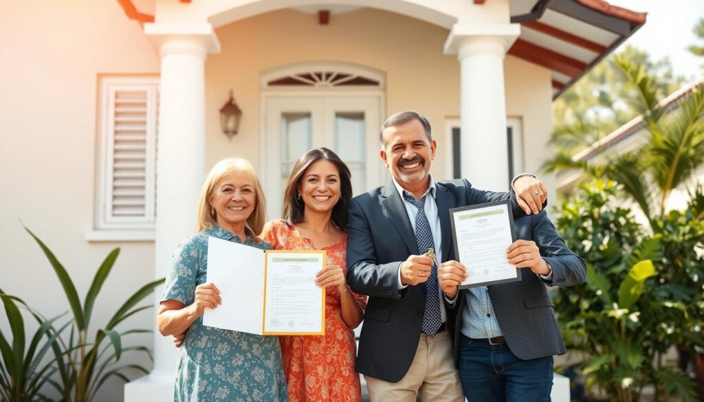 Família feliz com documentos de propriedade regularizada por usucapião Família feliz com documentos de propriedade regularizada por usucapião
