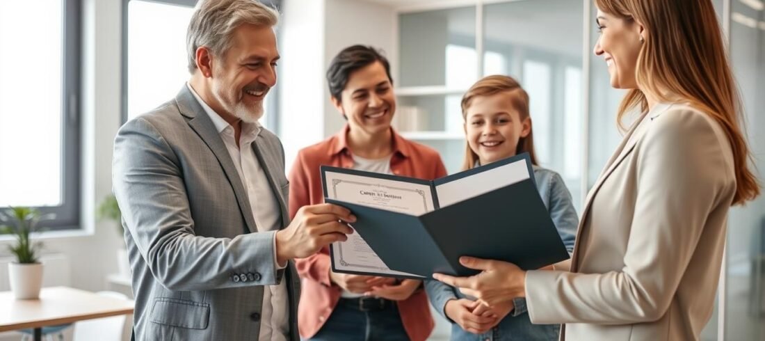 Família feliz recebendo documentos de regularização de imóvel com documentos antigos de um advogado