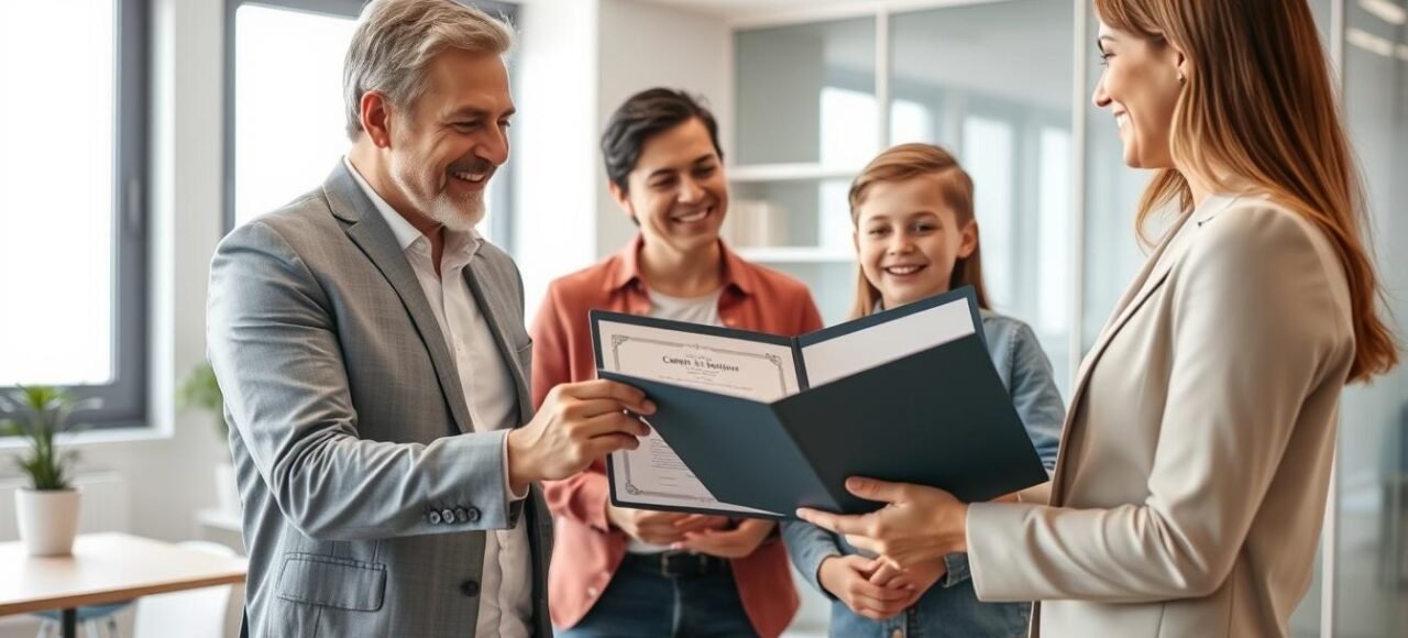 Família feliz recebendo documentos de regularização de imóvel com documentos antigos de um advogado