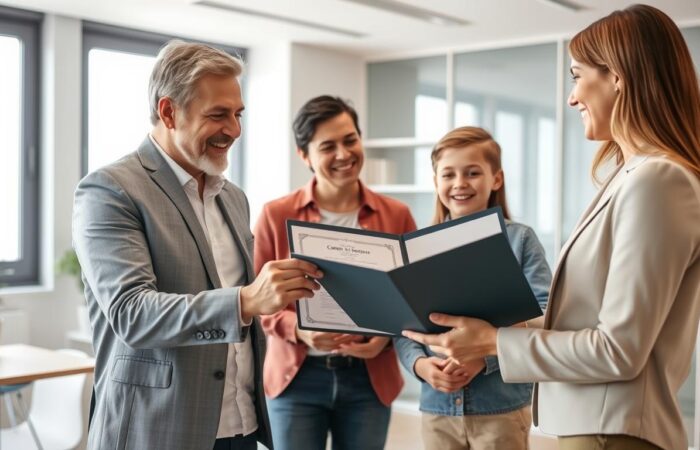 Família feliz recebendo documentos de regularização de imóvel com documentos antigos de um advogado