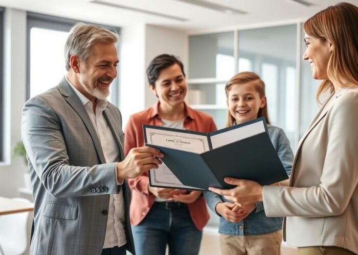 Família feliz recebendo documentos de regularização de imóvel com documentos antigos de um advogado
