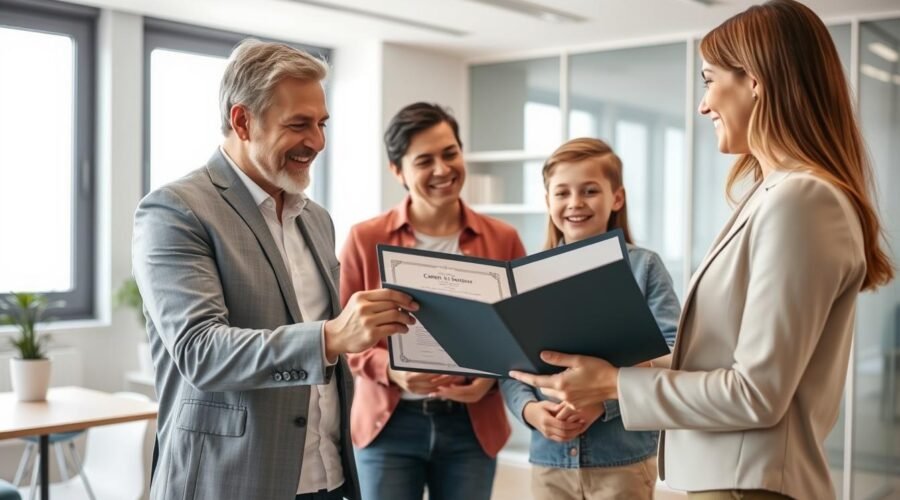 Família feliz recebendo documentos de regularização de imóvel com documentos antigos de um advogado