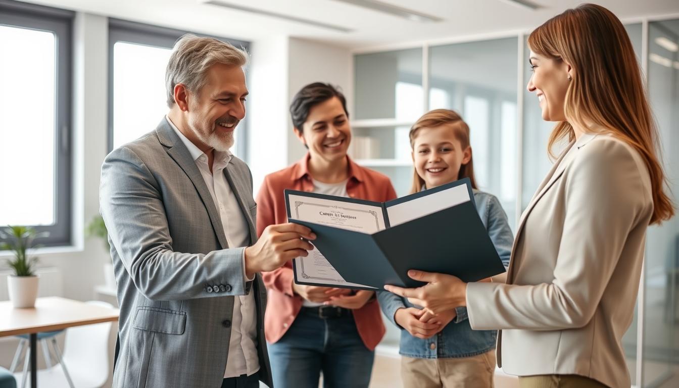 Família feliz recebendo documentos de regularização de imóvel com documentos antigos de um advogado