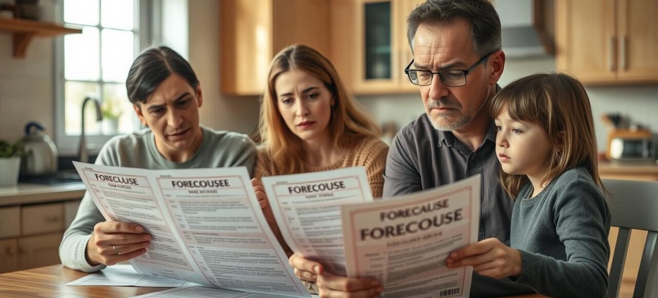 Família preocupada com risco de leilão de imóvel consultando documentos