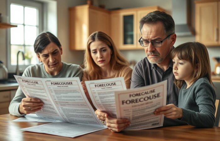 Familia-preocupada-com-risco-de-leilao-de-imovel-consultando-documentos Família preocupada com risco de leilão de imóvel consultando documentos