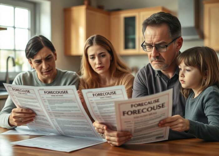 Família preocupada com risco de leilão de imóvel consultando documentos