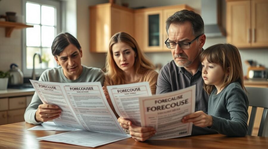 Família preocupada com risco de leilão de imóvel consultando documentos