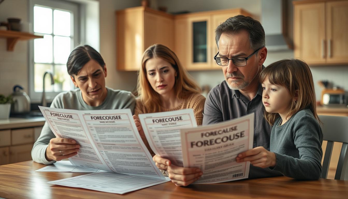 Família preocupada com risco de leilão de imóvel consultando documentos