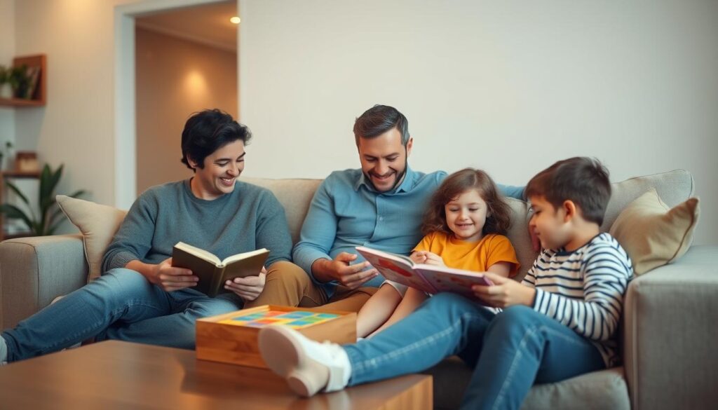 Família relaxando em casa após resolução de problema com barulho excessivo de vizinhos