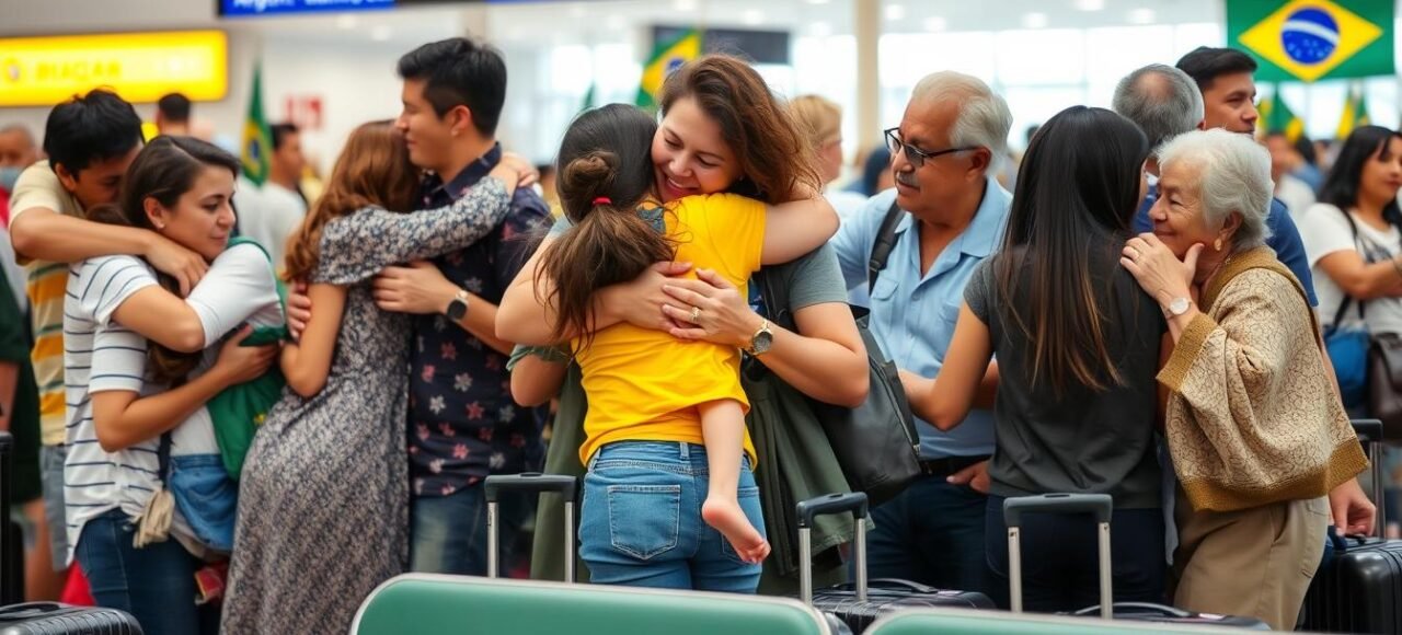 Família reunida no aeroporto brasileiro após processo de reunificação familiar
