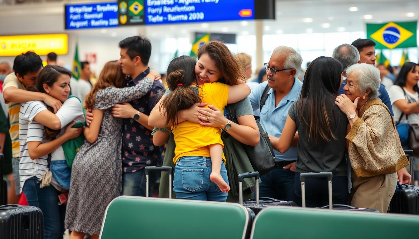 Família reunida no aeroporto brasileiro após processo de reunificação familiar