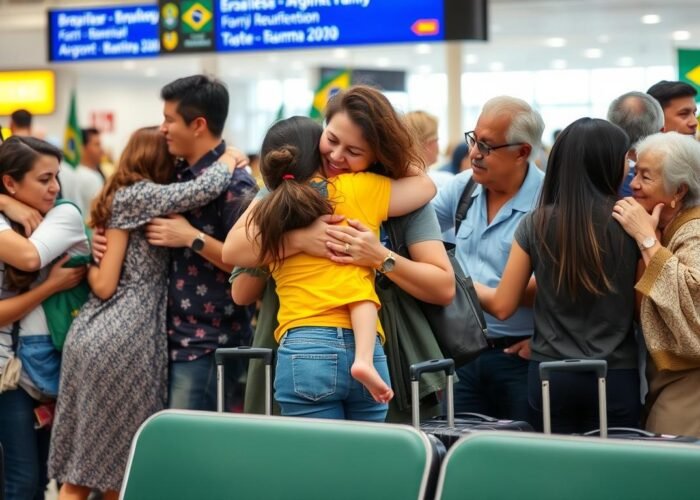 Família reunida no aeroporto brasileiro após processo de reunificação familiar