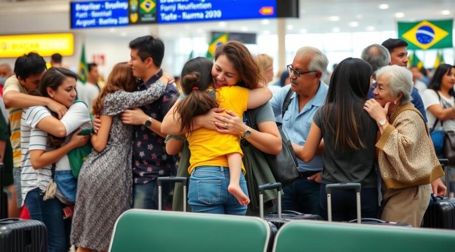 Família reunida no aeroporto brasileiro após processo de reunificação familiar