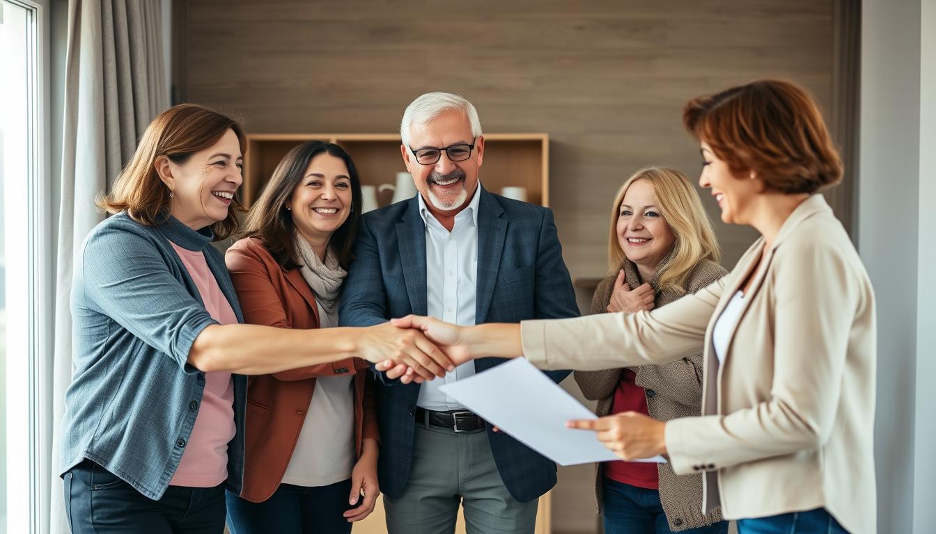 Família satisfeita após conclusão bem-sucedida de processo de partilha de imóveis