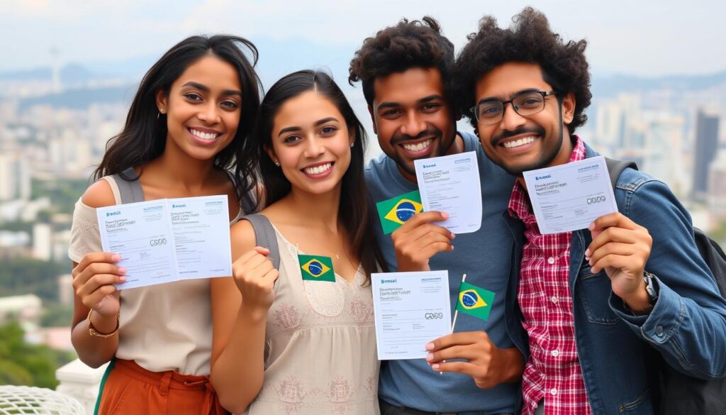 Imigração bem-sucedida para o Brasil - Família feliz com documentos aprovados Imigração bem-sucedida para o Brasil - Família feliz com documentos aprovados