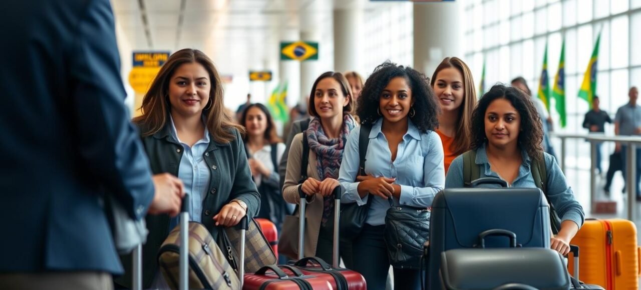 Imigração para o Brasil - Pessoas chegando ao aeroporto brasileiro com malas