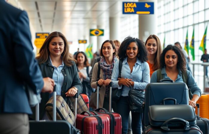 Imigracao-para-o-Brasil-Pessoas-chegando-ao-aeroporto-brasileiro-com-malas Imigração para o Brasil - Pessoas chegando ao aeroporto brasileiro com malas