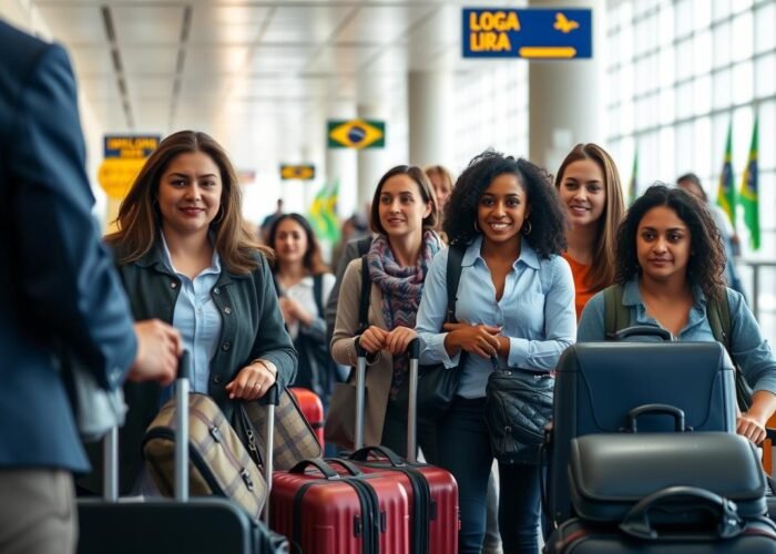 Imigração para o Brasil - Pessoas chegando ao aeroporto brasileiro com malas
