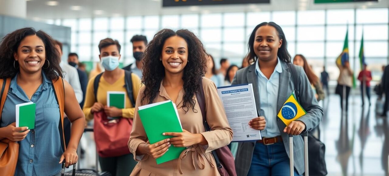Imigração para o Brasil - Pessoas chegando ao aeroporto brasileiro com malas e documentos