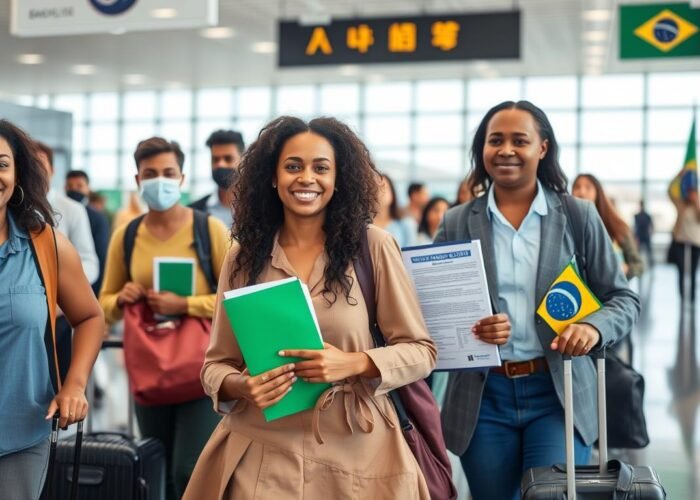 Imigração para o Brasil - Pessoas chegando ao aeroporto brasileiro com malas e documentos