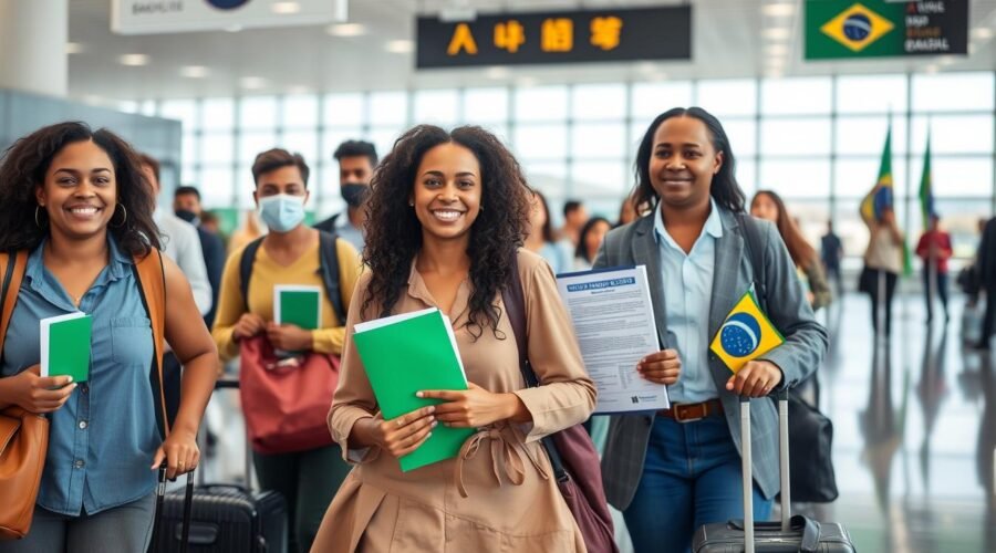 Imigração para o Brasil - Pessoas chegando ao aeroporto brasileiro com malas e documentos