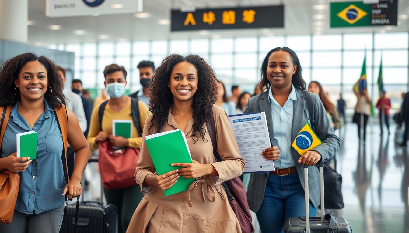 Imigração para o Brasil - Pessoas chegando ao aeroporto brasileiro com malas e documentos