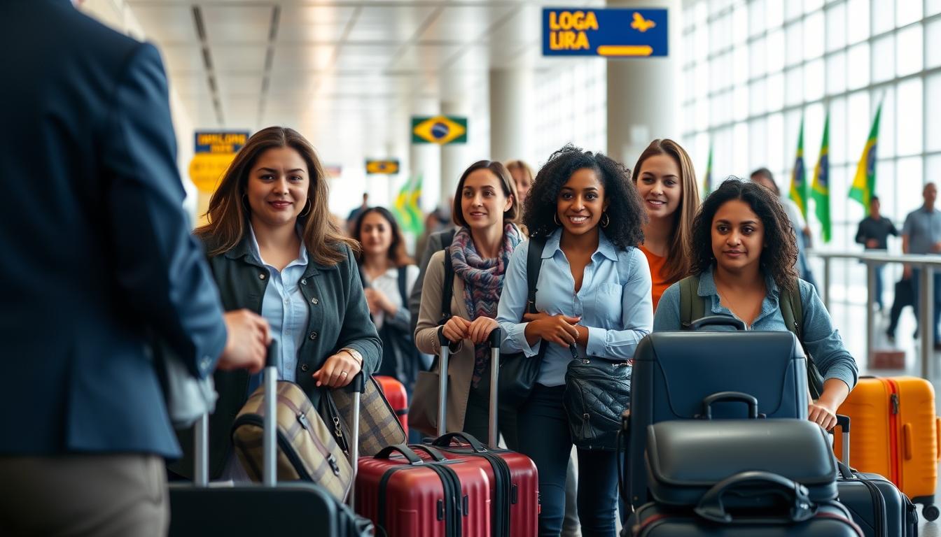 Imigração para o Brasil - Pessoas chegando ao aeroporto brasileiro com malas