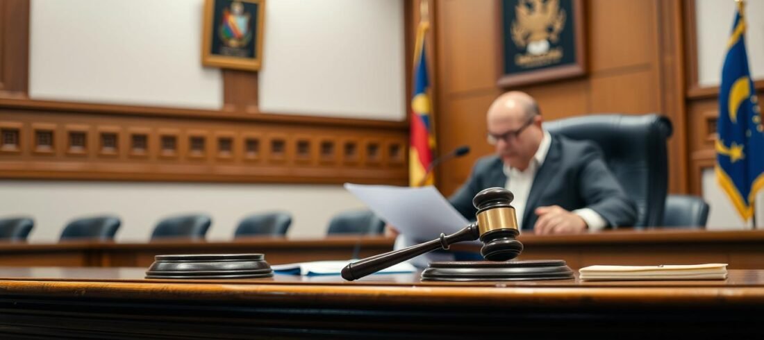 Juiz determinando bloqueio de conta bancária em tribunal