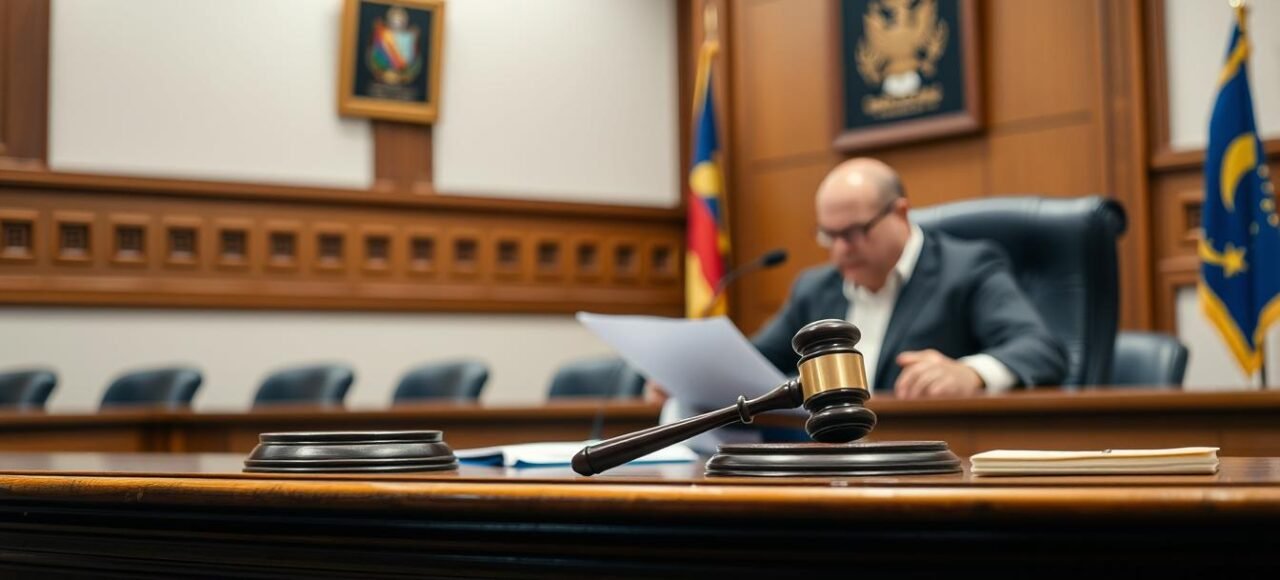 Juiz determinando bloqueio de conta bancária em tribunal