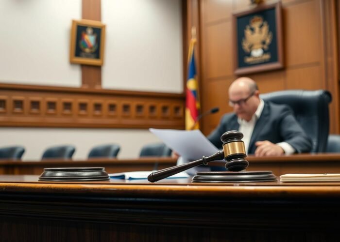 Juiz determinando bloqueio de conta bancária em tribunal