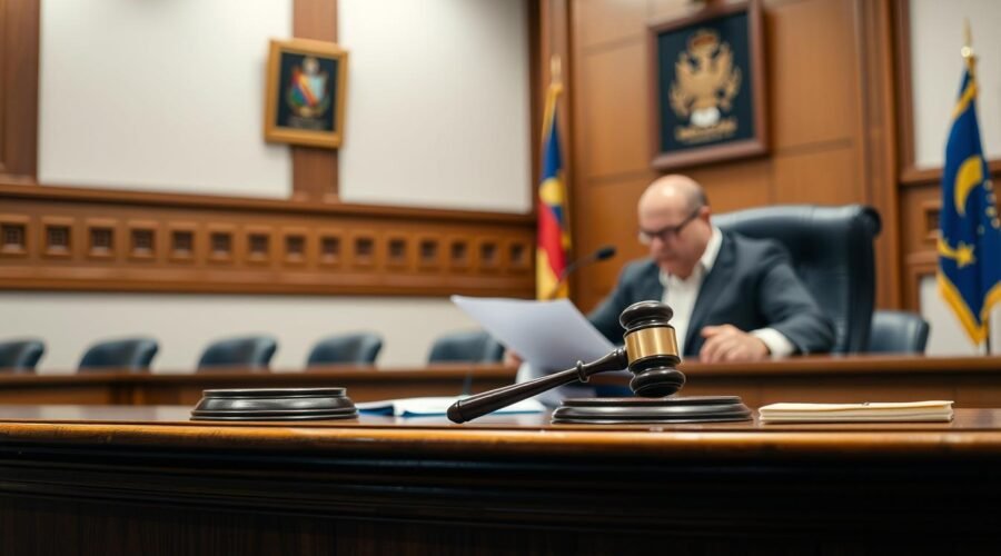Juiz determinando bloqueio de conta bancária em tribunal