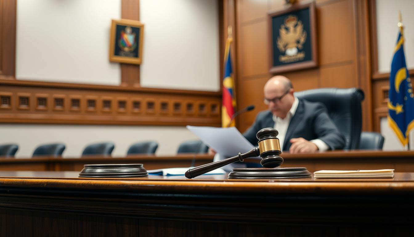 Juiz determinando bloqueio de conta bancária em tribunal