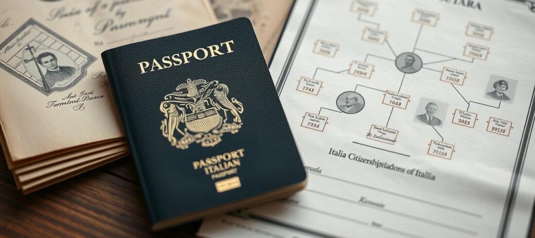 Passaporte-italiano-ao-lado-de-documentos-de-cidadania-italiana-por-ascendencia Passaporte italiano ao lado de documentos de cidadania italiana por ascendência