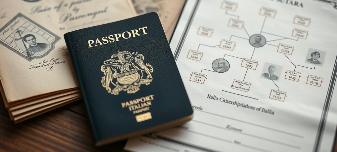 Passaporte italiano ao lado de documentos de cidadania italiana por ascendência
