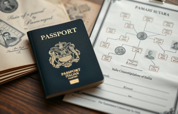 Passaporte-italiano-ao-lado-de-documentos-de-cidadania-italiana-por-ascendencia Passaporte italiano ao lado de documentos de cidadania italiana por ascendência