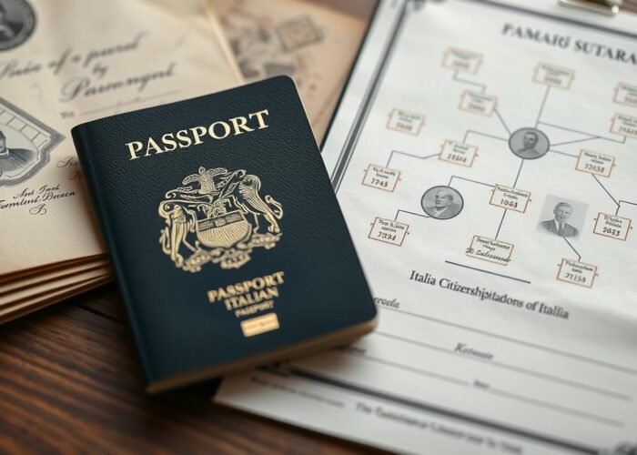 Passaporte italiano ao lado de documentos de cidadania italiana por ascendência