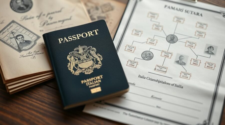 Passaporte italiano ao lado de documentos de cidadania italiana por ascendência