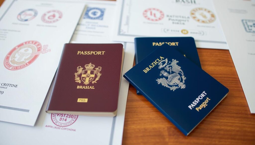 Passaportes brasileiro e estrangeiro lado a lado com documentos regularizados Passaportes brasileiro e estrangeiro lado a lado com documentos regularizados